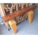 CONTEMPORARY CONSOLE TABLE, bespoke made in burr walnut finish on end supports,