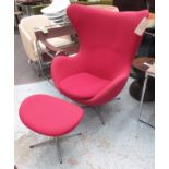 FRITZ HANSEN EGG CHAIR AND STOOL, by Arne Jacobsen in fucsia fabric, 85cm W.