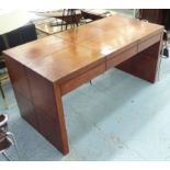 MUFTI INSPIRED DESK, in tanned leather with three drawers below on block end supports,