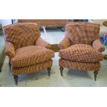 ARMCHAIRS, a pair, in terracotta check chenille with seat cushions, beech feet and castors, 80cm W.