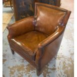 CLUB ARMCHAIRS, a pair, hand finished in leaf brown piped and studded leather,