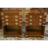 BEDSIDE CHESTS, a pair, campaign style mahogany and brass bound,