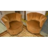 ART DECO STYLE TUB ARMCHAIRS, a pair, small scale tub shaped and buttoned plush upholstered.