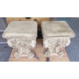STONE END TABLES, square form supported by gargoyes, 39cm x 39cm x 44cm.