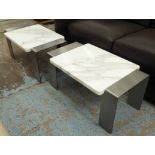 LOW TABLES, a pair, white marble top on metal bases, 75cm x 45cm x 36cm H.