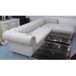 CORNER SOFA, by Neiman Marcus, Chesterfield style, in neutral button back fabric, 300cm x 205cm.