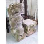 ASIAN STONE SCULPTURE, 'Speak, Hear and See No Evil', in weathered condition, on low pedestal,