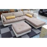 LIGNE ROSET CORNER SOFA, in cream with patterned cushions, 260cm x 215cm with ottoman.
