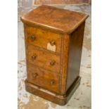 BEDSIDE CHESTS, a pair, Victorian burr walnut, each adapted with three drawers,