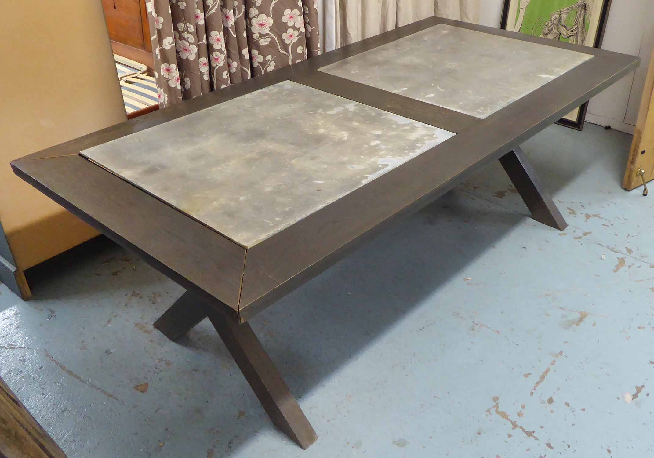 GARDEN TABLE, wooden with metal inserts on an X framed base, 221cm x 111cm x 75cm H.