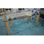 DINING TABLE, rectangular glass on plywood and metal bracket support, 73cm H x 180cm W x 90cm D.