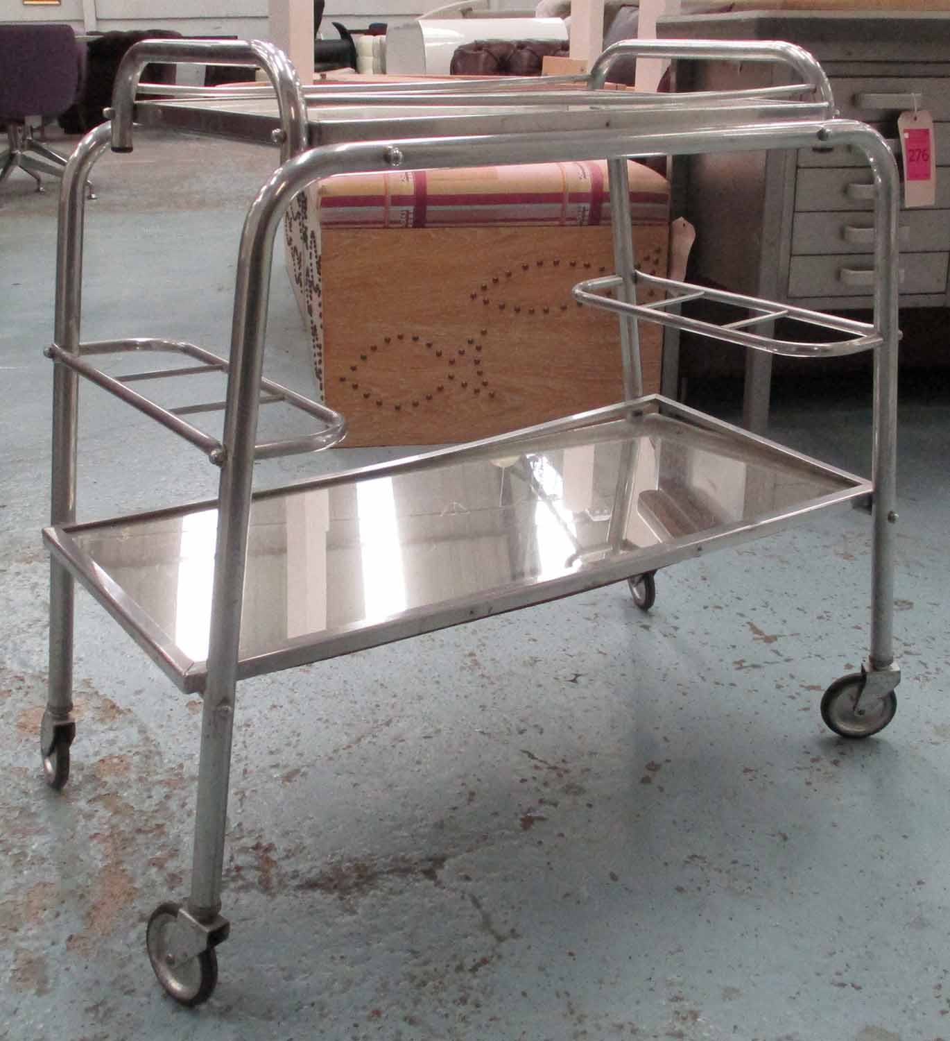 COCKTAIL TROLLEY, mid century, polished tubular metal construction with mirrored tray, - Image 2 of 3