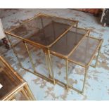 NEST OF TABLES, a set of three, 1930's brass, largest 50cm W x 50cm D x 49cm H.