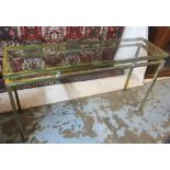 CONSOLE TABLE, brass framed with a rectangular glass top, 138cm L x 78cm H x 39cm D.