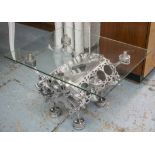 JAGUAR ENGINE LOW TABLE, cast metal with rectangular glass top, 80cm W x 67cm D x 51cm H.