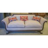 SOFA, federal style in ticking upholstery with seat cushions and three Union Jack scatter cushions,