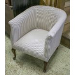 TUB CHAIR, Edwardian in ticking upholstery, 65cm W.