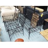 CONSERVATORY BENCH, in black painted metal finish, 153cm L, plus a pair of matching chairs, 62cm W.