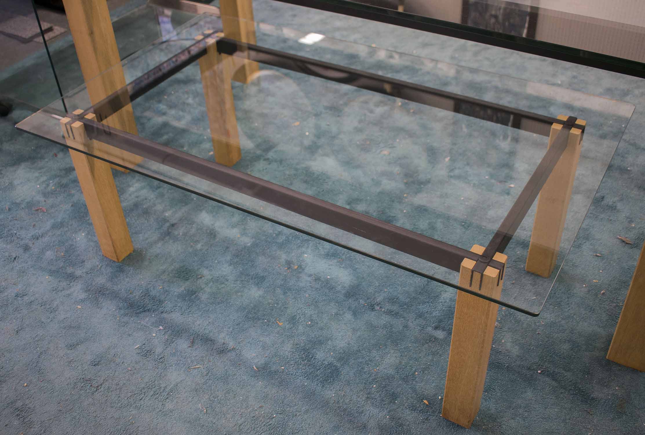 LOW TABLE, rectangular plate glass on plywood and metal bracket support, 120cm W x 80cm D x 42cm H.