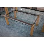 LOW TABLE, rectangular plate glass on plywood and metal bracket support, 120cm W x 80cm D x 42cm H.