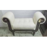 WINDOW SEAT, Colonial style ebonised with carved frame upholstered in white fabric,