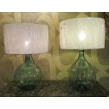 LAMPS, two, vintage green glass 'carbouys' with shades, 75cm H.