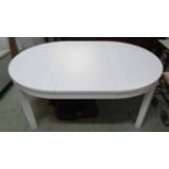 DINING TABLE, oval shape in white on square supports, extending 114cm diam to 164cm x 114 x 74cm H.