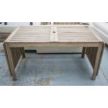 EXTENDING GARDEN TABLE, weathered slatted teak with foldout extensions, 78cm D x 73cm H,