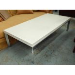 ALLERMUIR LOW TABLE, white rectangular top on brushed chrome legs, 150cm L x 75cm W x 40cm H.