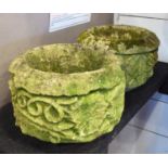 RECONSTITUTED STONE PLANTERS, a pair, Victorian, all round incised decoration, 32cm diam x 23cm H.