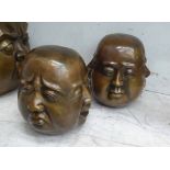 BRONZE FOUR FACES BUDDHA HEADS, a pair, 25cm H.