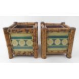 MINTON'S TILE PLANTERS, a pair, late Victorian with bamboo frame work, each 21cm x 21cm x 22.5cm H.