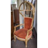 HALL PORTER'S CHAIR, Louis XV style light oak with open hood and terracotta velvet upholstery,