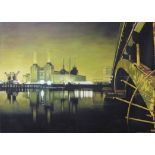 20TH CENTURY SCHOOL 'Battersea power station from opposite river bank', oil on canvas 115cm x 160cm,