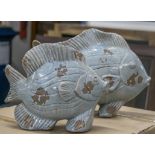 FLYING FISH, a set of six, aged blue Chinese ceramic comprising three large and three small,