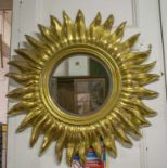 STARBURST WALL MIRROR, giltwood frame and circular bevelled plate, 87cm dia.