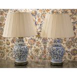 LAMPS, a pair, blue and white Chinoiserie decorated, ceramic ginger jar form with shades, 70cm H.