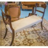 WINDOW SEAT, part Regency mahogany with chair back ends and fawn upholstery, 130cm W.