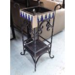 MOROCCAN WROUGHT IRON AND CERAMIC JARDINIERE STAND, 33cm x 33cm x 91cm H.