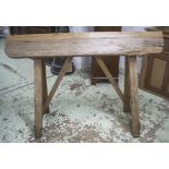 SADDLE STAND, vintage pine saddle boards and trestle support, 145cm W x 108cm H.