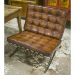 BARCELONA ARMCHAIRS, a pair, buttoned brown leather on X framed chrome supports, 78cm W.