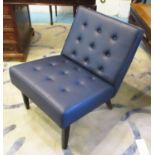 EASY CHAIR, with a buttoned back and seat and blue leather upholstery, 59cm W x 71cm H.