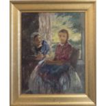 ANTAL PECHZELY 'Two Women Seated by the Window', oil on canvas, 49cm x 39cm, framed.