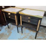 BEDSIDE CHESTS, a pair, Directoire style, ebonised and brass with marble tops above two drawers,