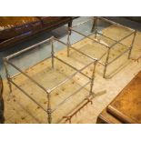LOW TABLES, a pair, square two tier silvered metal with glass shelves, 60cm x 60cm x 42cm H.