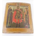 19TH CENTURY RUSSIAN ICON, portraying three saintly figures, painted on wooden panel, 30cm H x 26cm.