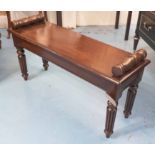 HALL BENCH, Victorian style, rectangular mahogany with bolster handles and turned supports,