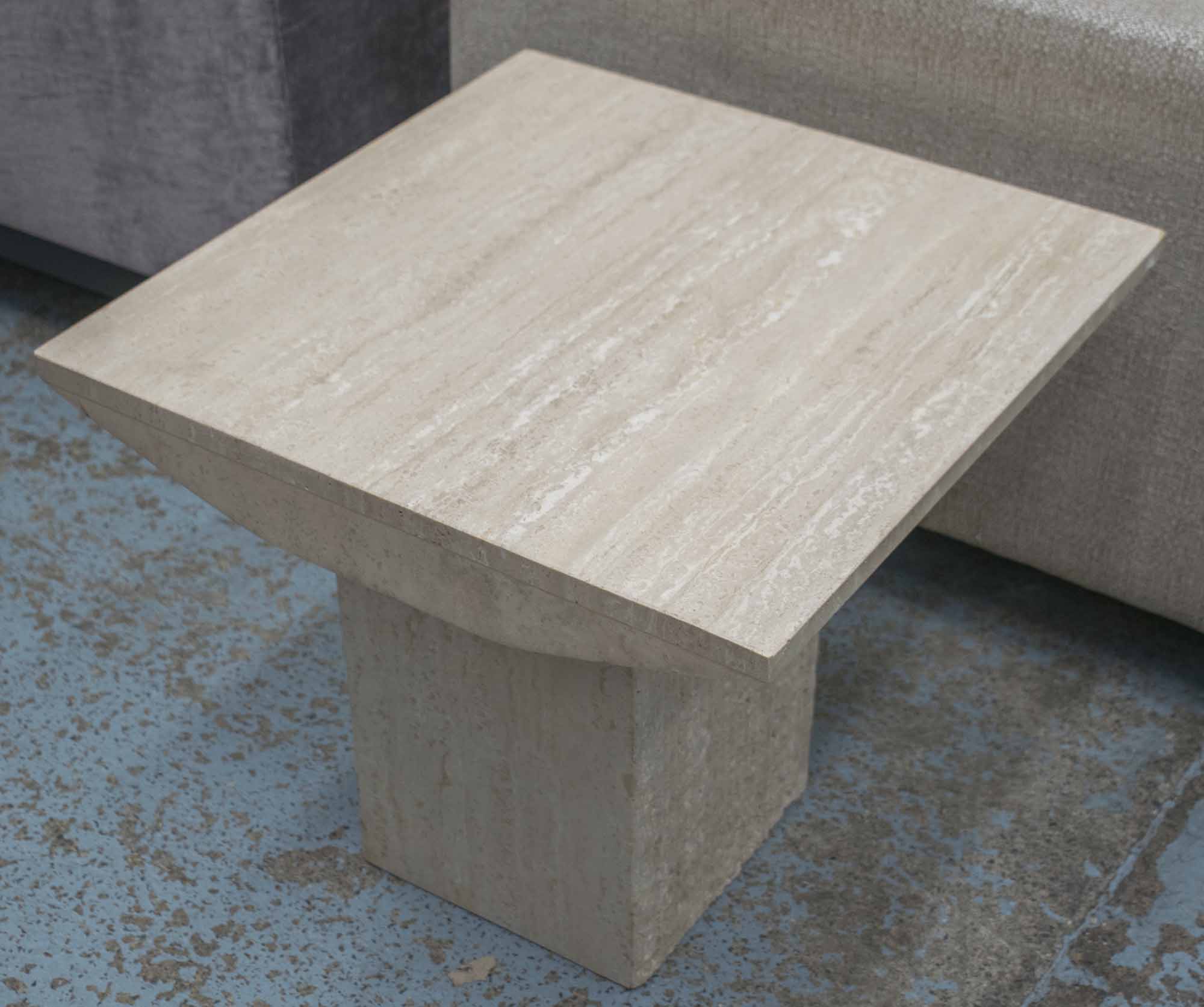 LOW TABLE, square travertine marble on plinth base, 60cm x 60cm x 52cm H.
