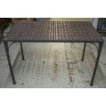 GARDEN CONSERVATORY TABLE, Victorian two part rectangular cast iron grill panels on later stand,