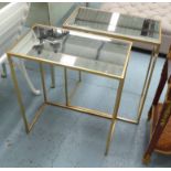 SIDE TABLES, a pair, with mirrored tops on gilded metal frames, 56cm x 30cm x 66cm H.